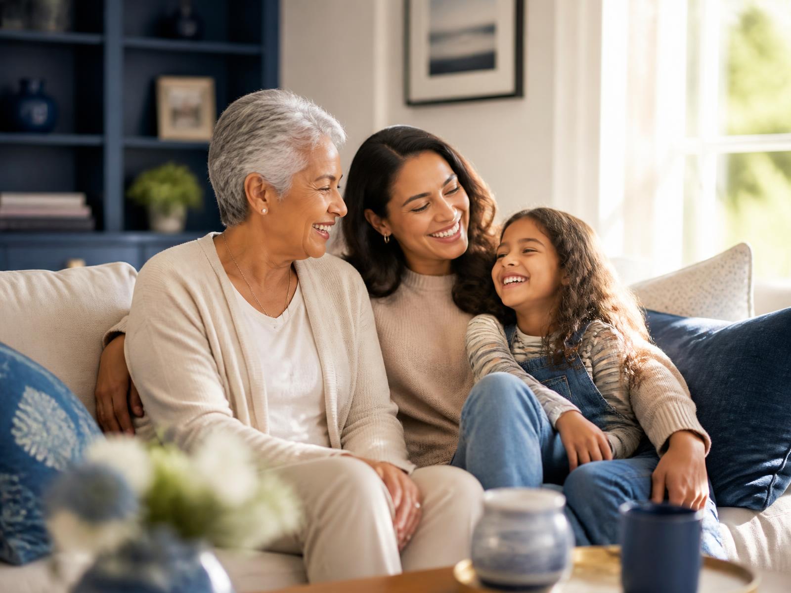 Three generations of a family sitting together on a sofa in a sunlit living room